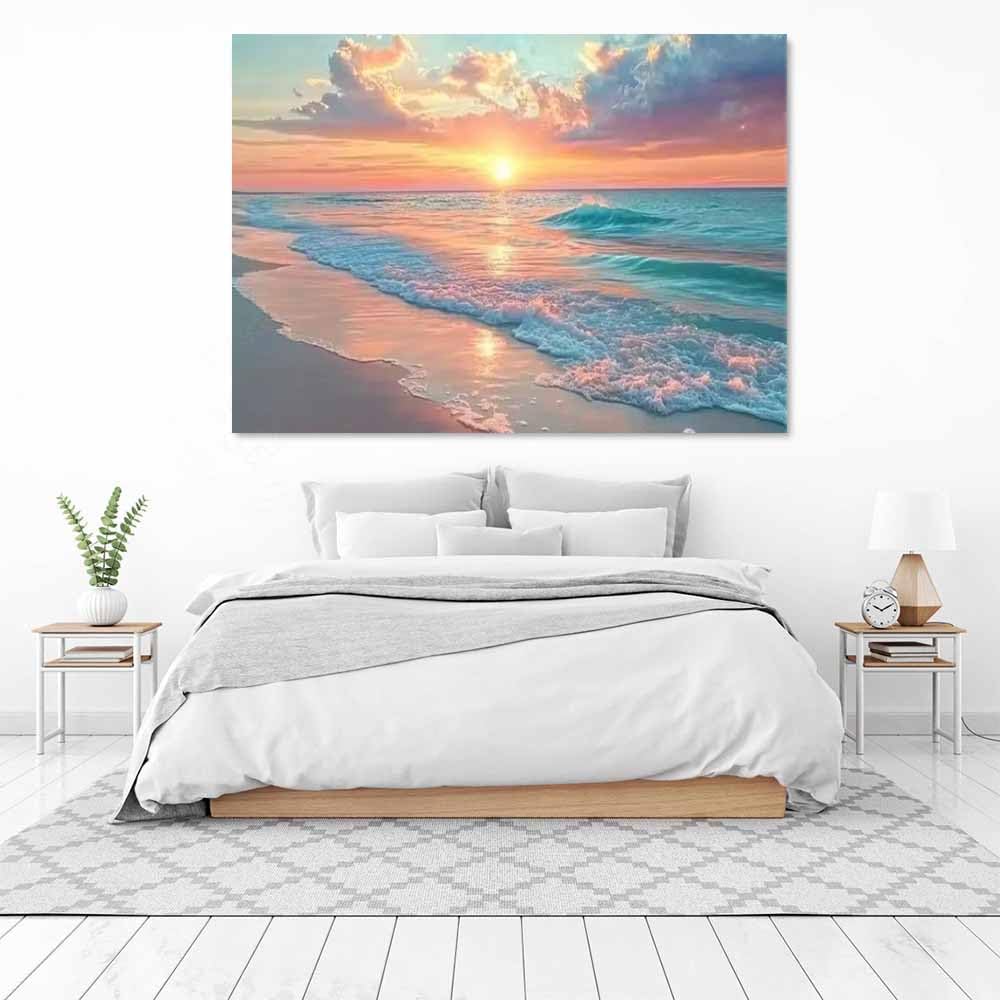 QUSAAOU Wandbilder Wohnzimmer Sonnenuntergang Ozean Welle Sandstrand Meer Strand Wand Deko Vlies Leinwand Bilder Wanddeko Wohnzimmer Schlafzimmer Kunstdrucke Panoramabild(Pink)-30x45cm1 Gerahmt