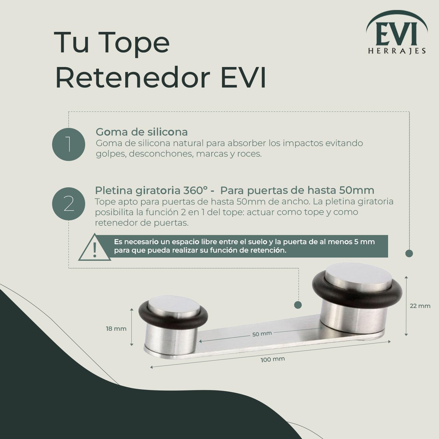 EVI Herrajes | Tope de Puerta Retenedor Giratorio | Acero Inoxidable - Goma Negra | Para Puerta de Hasta 50 mm de Grosor | Incluye Tornillo+Taco | Mod. I-164RADAM