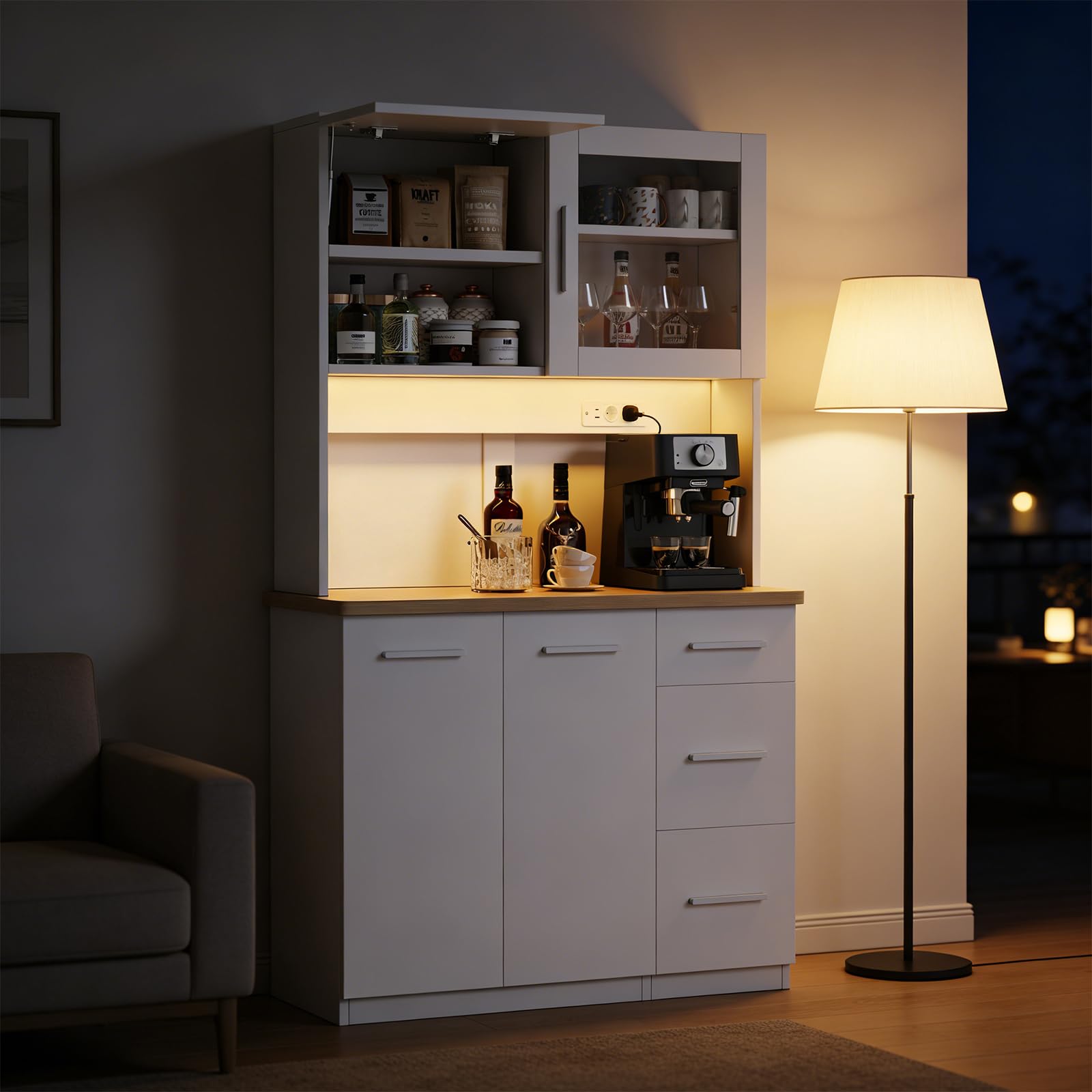 Devoko Mobile da cucina, credenza, armadio alto con prese di corrente e strisce LED 3000 K, con piano di lavoro da 24 mm, ripiani regolabili, 3 cassetti, 100 x 40 x 182 cm (Bianco)