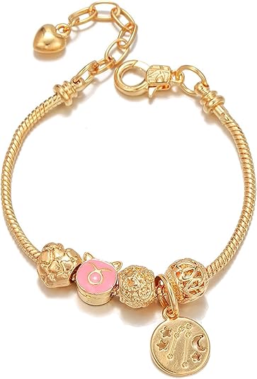 18K Gold Plated Zodiac Constellation Bracelet for Women, Cute Love Heart Charms Bracelet Chain Wrap Jewelry Gift