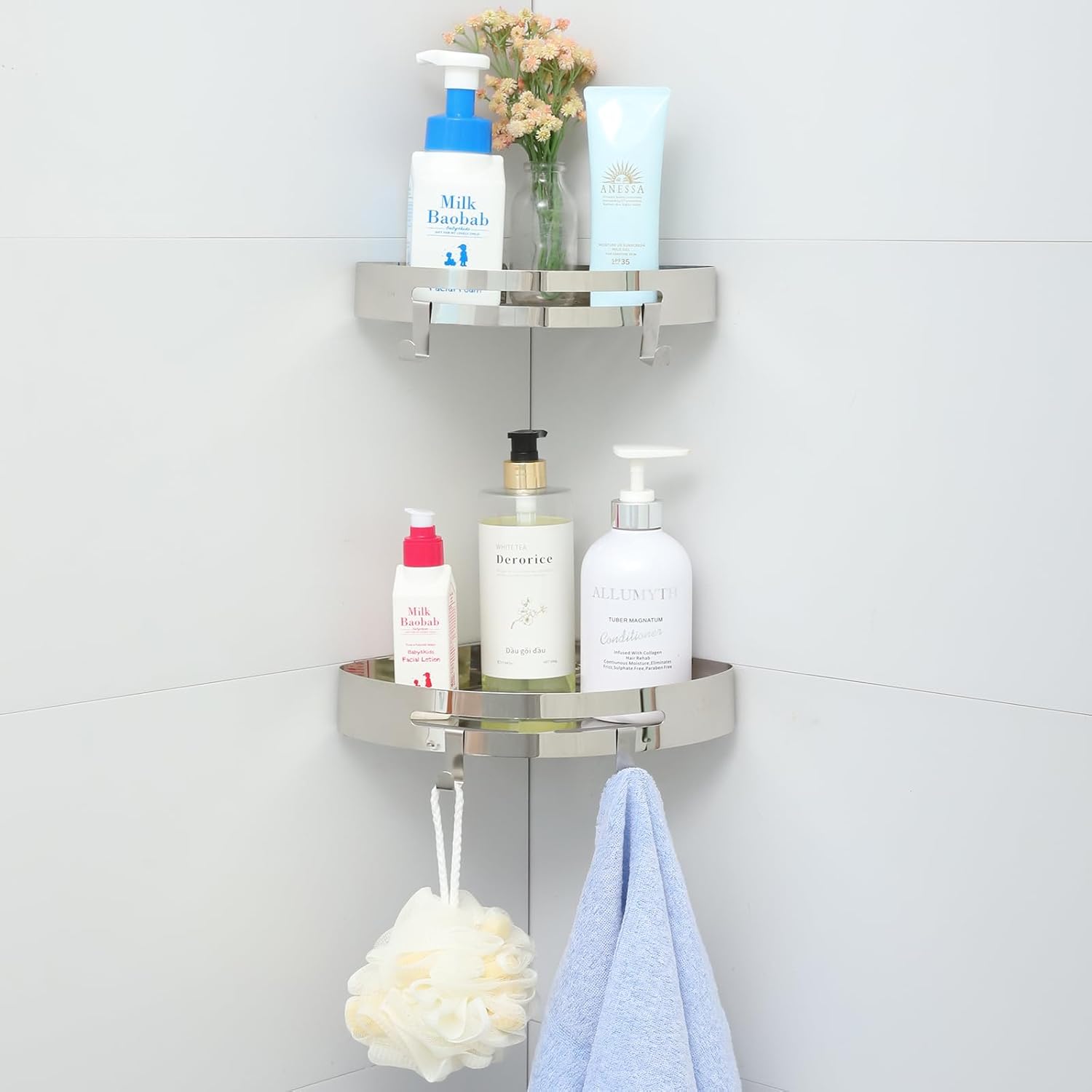WingChoicE Corner Shower Caddy 2 Pack Wall Mounted Bathroom Shelf with Adhesive Drill free Storage Organizer for Bathroom