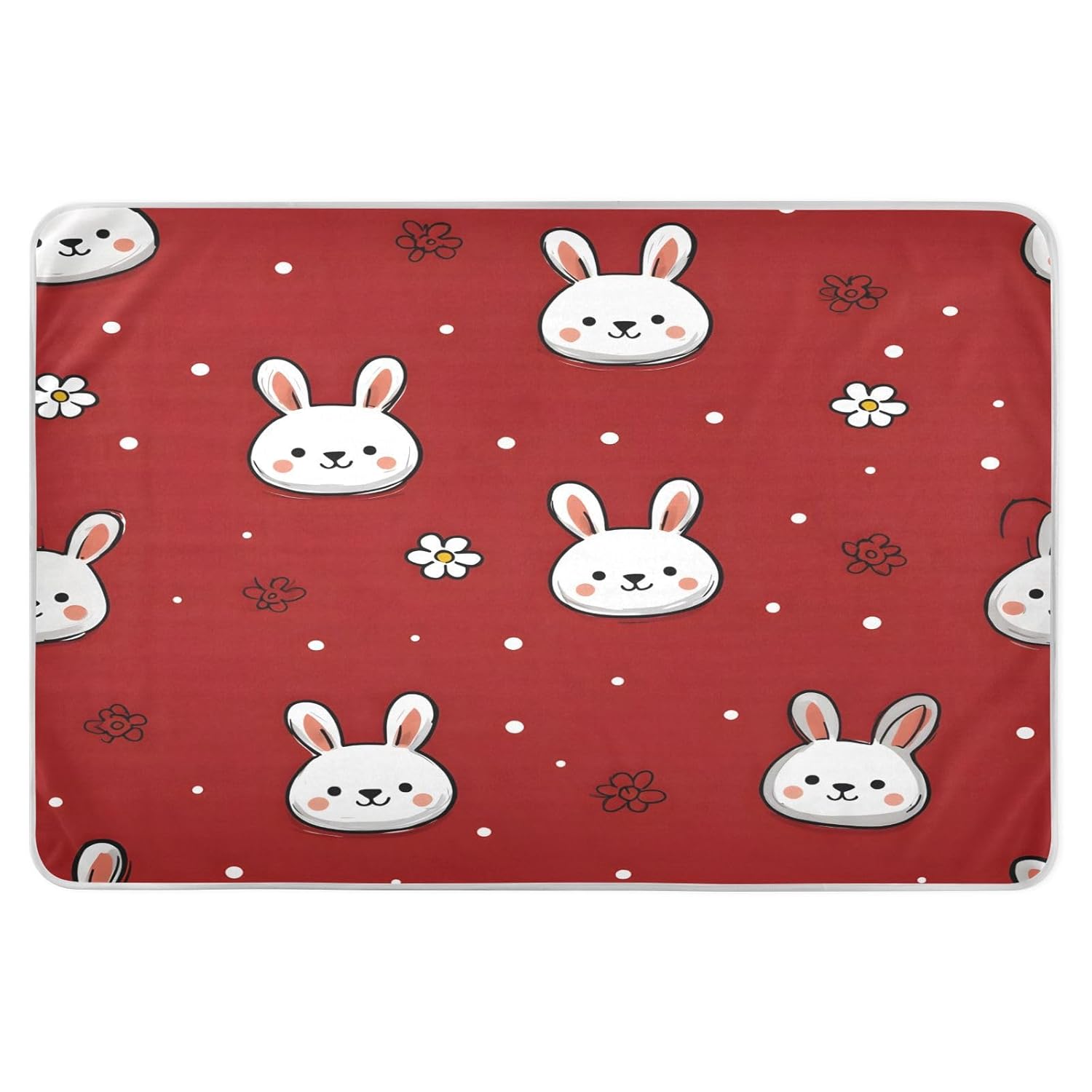 Bunny Heads and Blossoms on Red Change Mat, Diaper Changing Pads for Baby, 3Layers Waterproof Change Pad Foldable Absorbent Mats for Women, Reusable Incontinence Underpads for Patient 34''x52''
