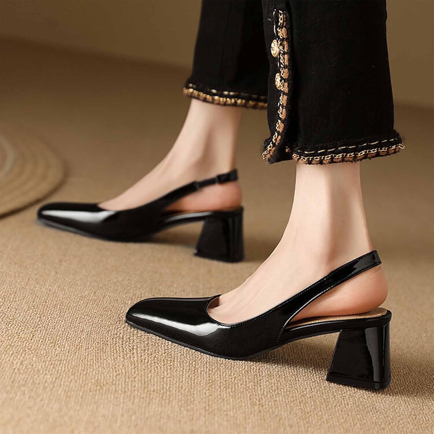 Women's Patent Leather Chunky Heels Slingback Pumps Fashion Closed Square Toe Elastic Buckle Block Heel Sandals Slip On Party Dress Work Shoes - Image 2
