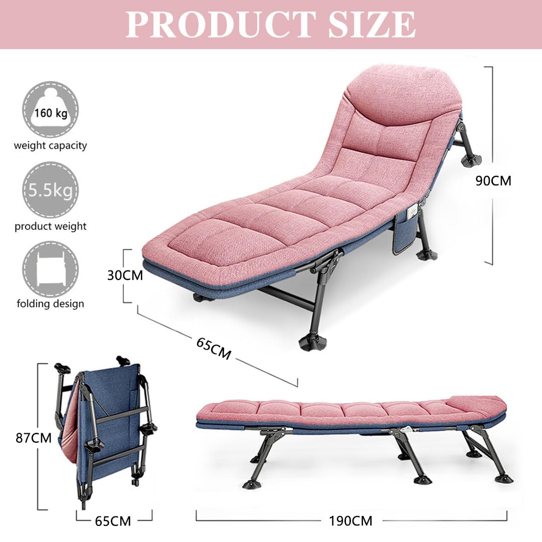 Campingbett Klappbar Feldbett XXL 190x65x30cm Campingliege Extra Breit Faltbar Leicht 5-Fach Verstellbar Rückenlehne Karpfenliege Outdoor Indoor Garten Rosa