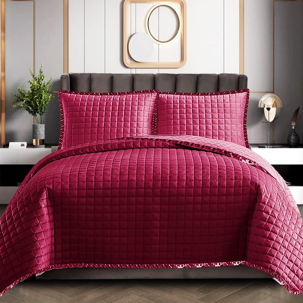 FK Style 3 Piece Quilted Bedspread Light Weight Embossed Pattern Bed Throw Quilt Set Warm (Red, Super King)