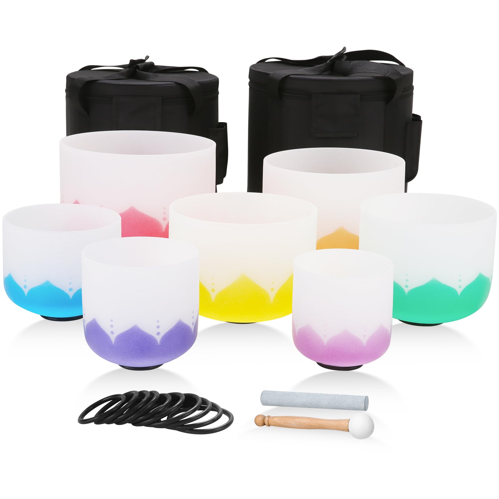 432HZ 6-12 Inch 7 Pcs Lotus Frosted Crystal Singing Bowl Set for Meditation Healing Yoga Chakra Quartz Crystal Sound Bowls with Heavy Duty Carry Cases and Rubber Mallet,Suede Striker,O-rings