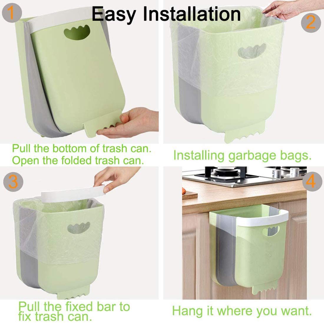 Kitchen Hanging Trash Can,Collapsible Small Garbage Bin for Kitchen Cabinet Cupboard Door, Portable Folding Home Outdoor Plastic Waste Container - 10 L / 2.6 Gallon (Green) (Blue)