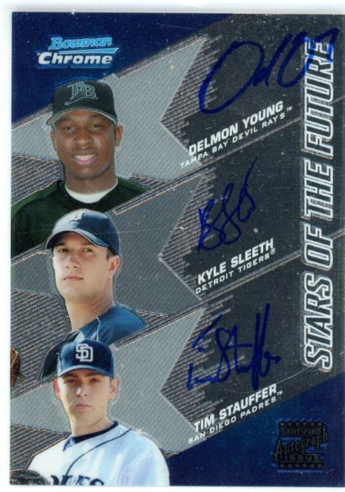 2004 Bowman Chrome Stars of the Future #YSS Kyle Sleeth/Tim Stauffer/Delmon Young San Diego Padres MLB Baseball Card (Autographed) /500 NM-MT