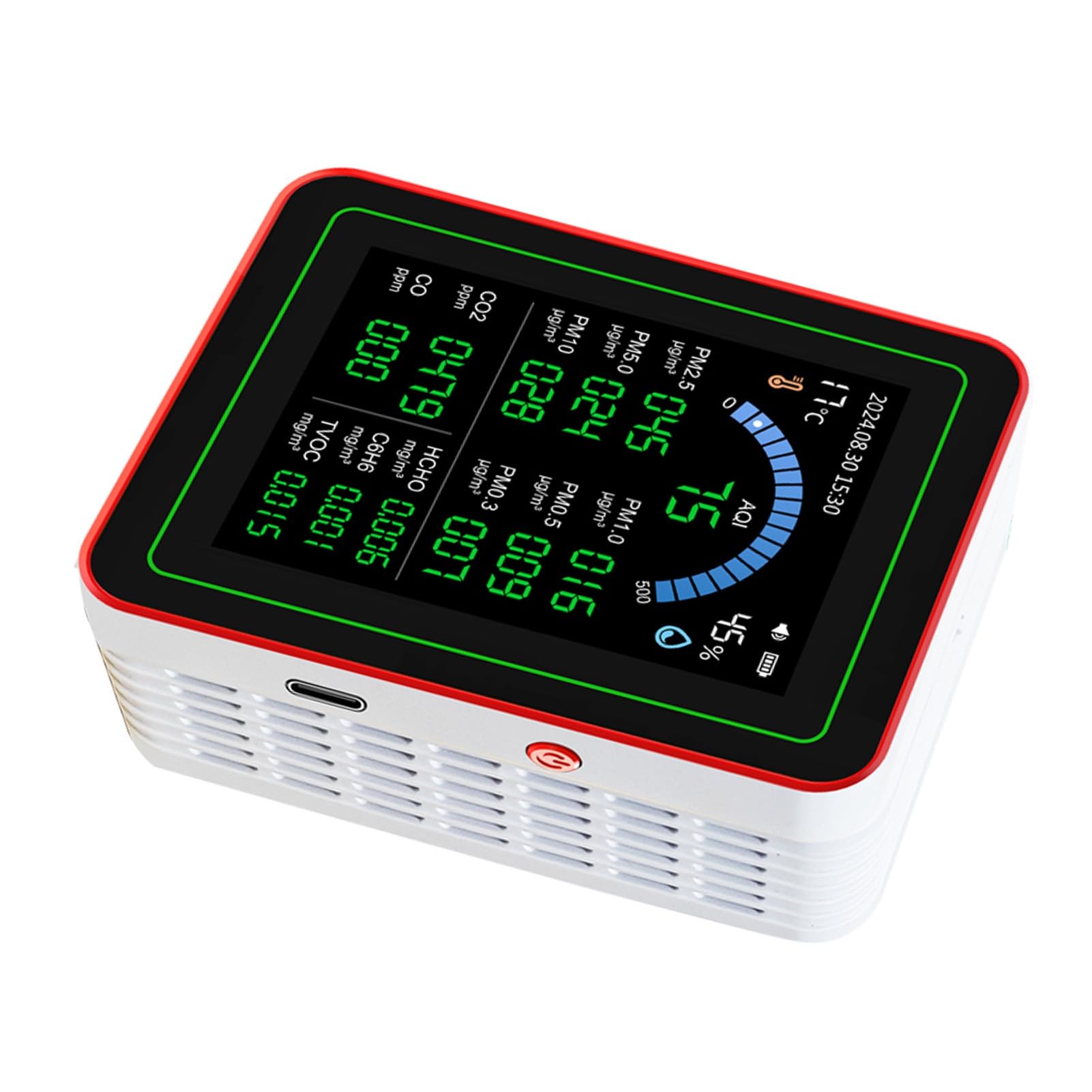 Tester della qualità Dell'aria Accurato 18 in 1 CO2 TVOC HCHO PM2.5 PM10 Rilevatore di Temperatura umidità per Archiviazione Dati in Casa e Ufficio - Alimentato a Batteria per Interni