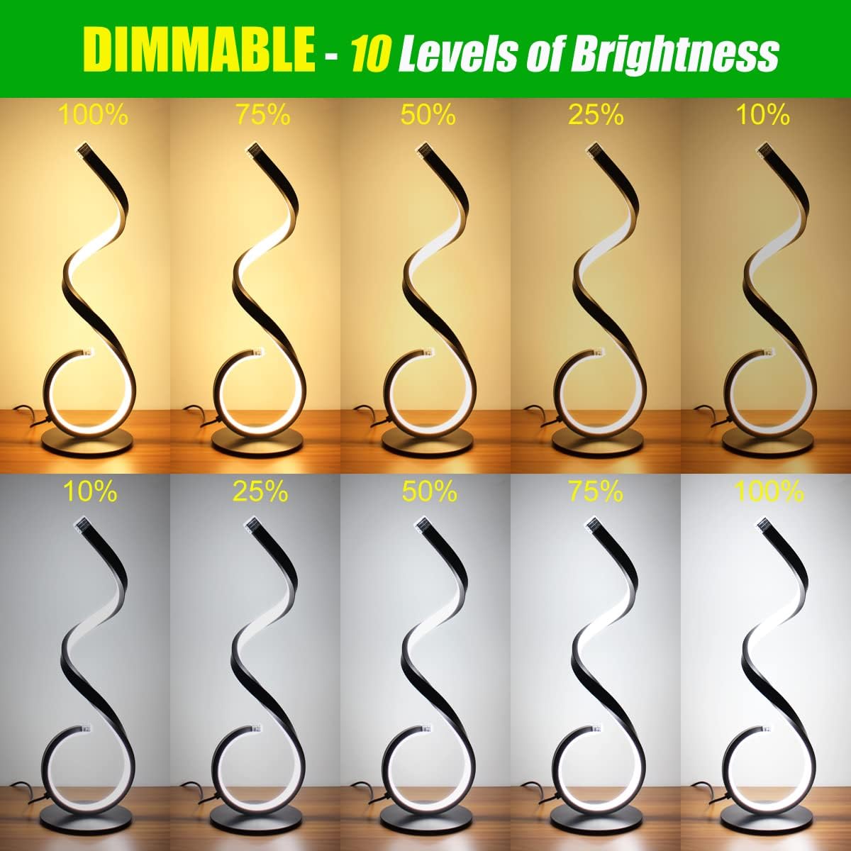 LENIVER Spiral LED Table Lamp, 10W 3 Colors Dimmable Modern Bedside Lamp, Unique Nightstand Lamps Desk Lamp Reading Light for Living Room, Bedroom, Office, Kids Room - Black - - 