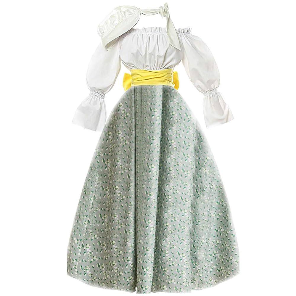 Abaowedding Women's Victorian Pioneer Costume Dress Civil War Prairie Colonial Floral Dress Green Large