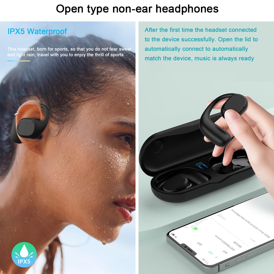 Wiszące ucho przewodnictwa kostnego Bluetooth 5.1, otwarte wodoodporne IPX5 słuchawki z redukcją szumów, odpowiednie do uprawiania sportu i biegania