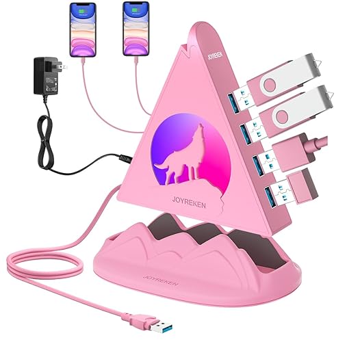 Powered USB Hub 3.0, 6-Port Hub(4 USB 3.0 Data Ports + 2 Smart Charging Ports) with 48W Adapter, RGB Light, Base, Compatible with PC, Laptop, Mac, External Hard Drives, Fast Charging for Phone(Pink) - 2ft - Pink with base