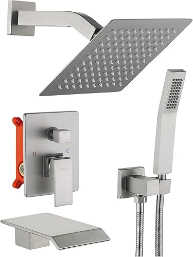 Brushed Nickel Bathtub Shower Faucet set 8 Inch Shower HeadHandheld Sprayer and Tub Faucet Shower Combo