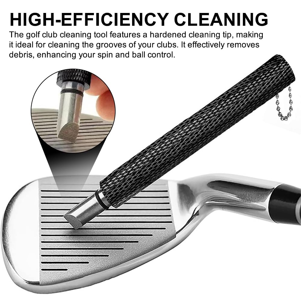 Cepillo Limpiador de Palos de Golf 3 Piezas con Mosquetón Retráctil Afilador de Ranuras 6 Cabezales Negro