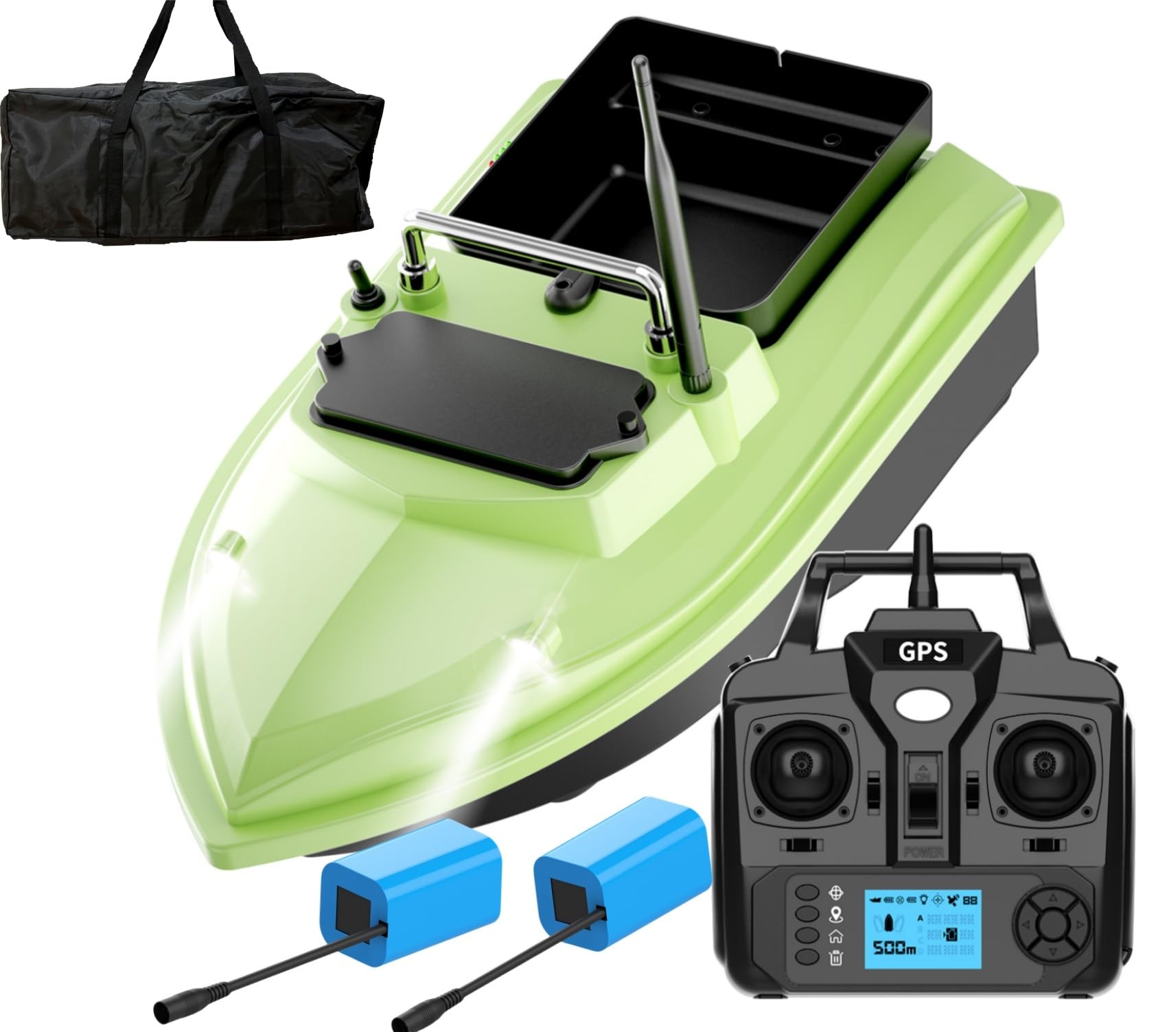 DYJD 500m GPS Fishing Bait Boat, 2kg, Remote Controlled, LCD Display, Dual Motor, 2hr Control Time, Green