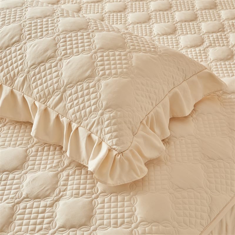 Plaid Quilted California King Size Ruffled Bedspread Set Washable Cotton Bed Coverlet and 2 Pillowcases, Champagne