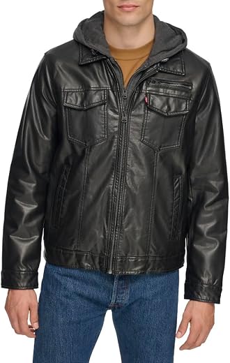 Levi's Men's Faux-Leather Two-Pocket Trucker Hoodie Jacket with Sherpa Lining