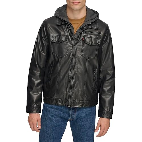 Levi's Men's Faux Leather Hooded Trucker Jacket With Sherpa Lining (Regular & Big & Tall Sizes)