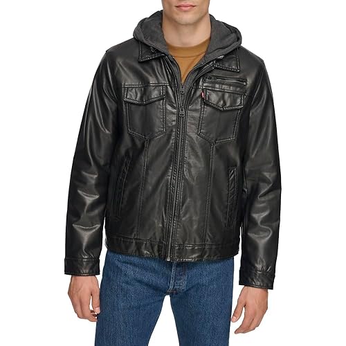 Levi's Men's Faux Leather Hooded Trucker Jacket With Sherpa Lining