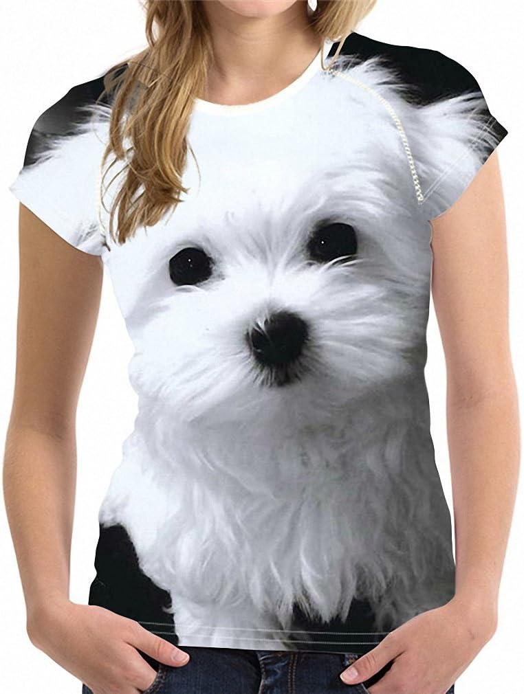 Hiuwa Womens 3D Maltese Dog Print Short Sleeve Breathable Tshirt Tops Tee