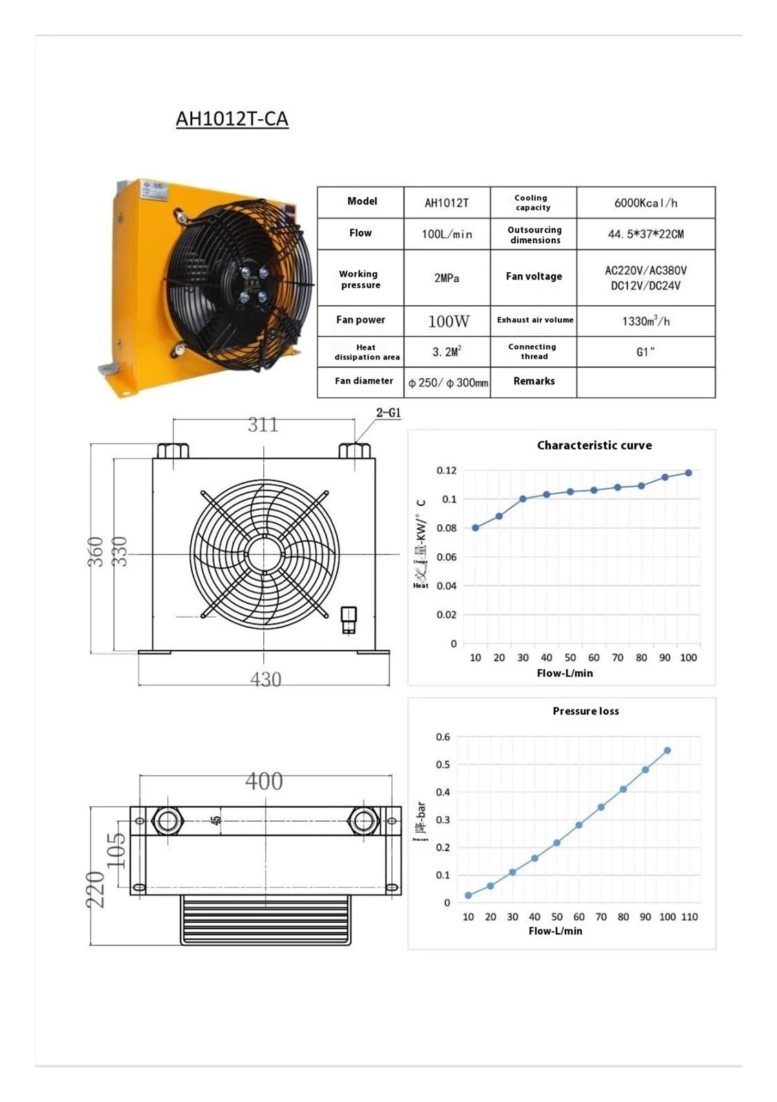 AH1012T-CA Radiatore Aria Idraulico Radiatore Olio Raffreddato Ad Aria 100L/min Ventola Serbatoio Carburante Gru Montata Su Camion Operazione stabile