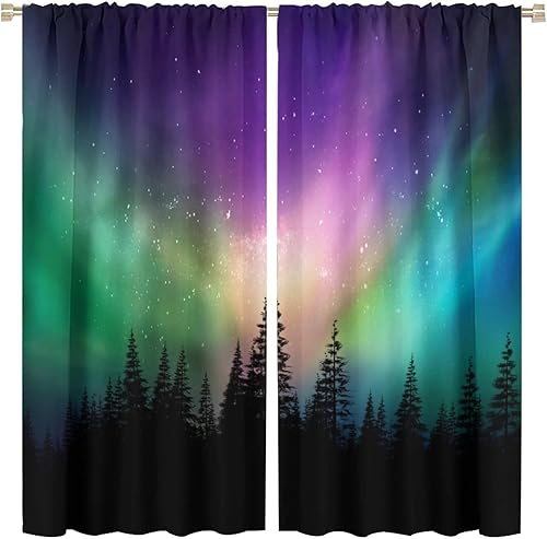 Cortinas de Aurora coloridas Aurora Borealis, bosque claro, auroras boreales, luces del norte en el cielo, para sala de estar, dormitorio, baño,