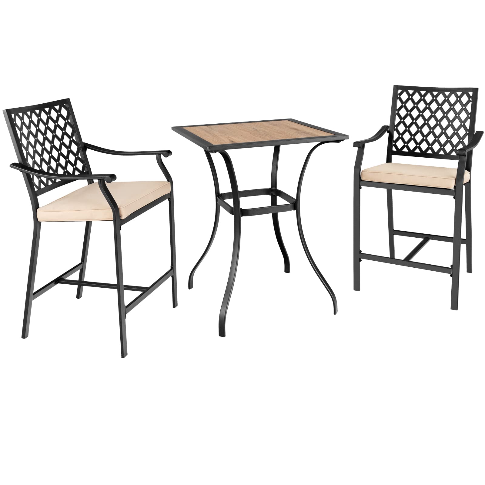 TANGZON Metal Bistro Set, 3 Pieces Patio Bar Table and 2 Chairs with Wood Grain Tabletop & Soft Cushions, Garden Furniture Set for Balcony Poolside Backyard (Table+2 Chairs)