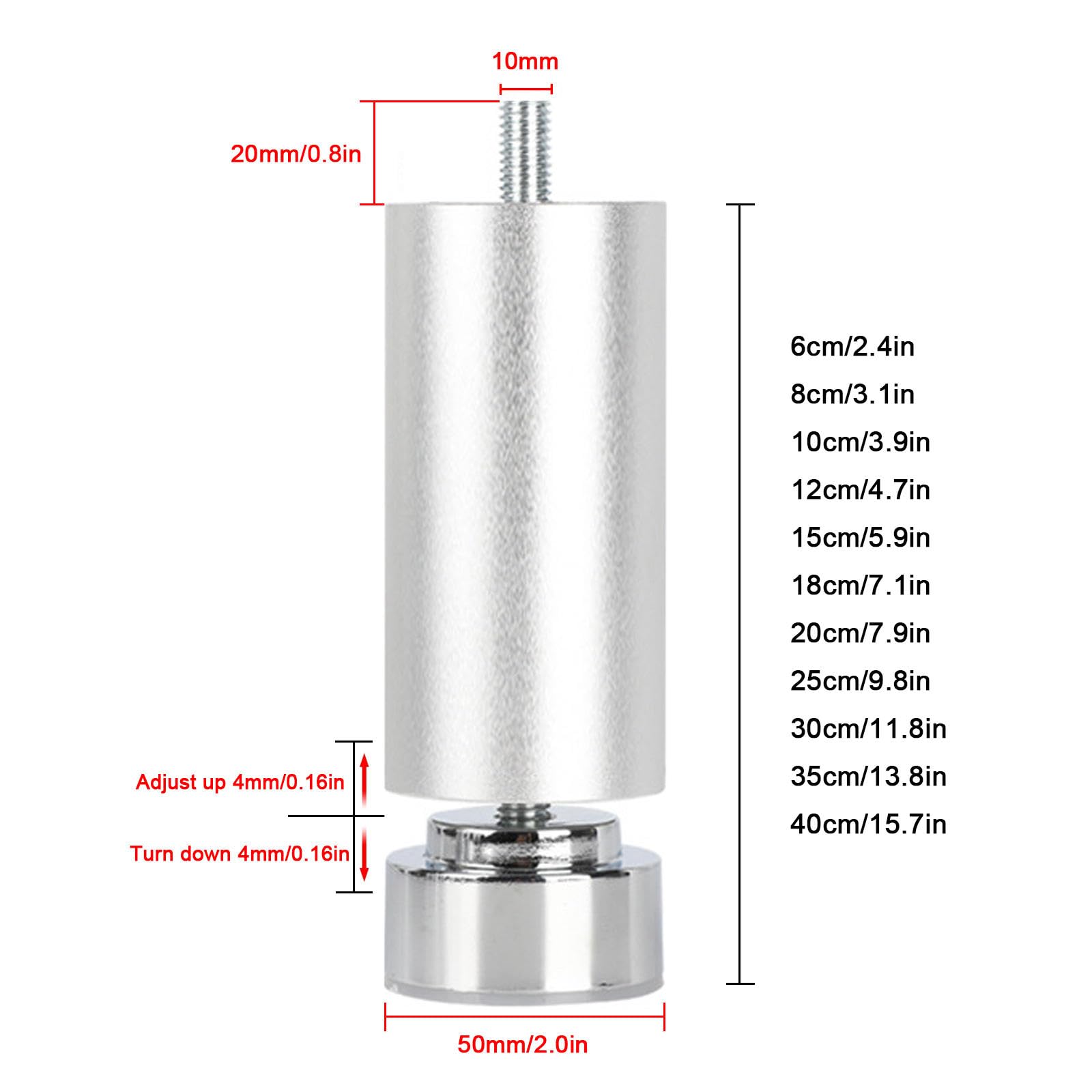 Regulowane nogi meblowe zamienne M10 metalowe nóżki do sofy DIY nogi stołu na kanapę komodę łóżko krzesło wannę cylindryczne wsparcie zestaw 4 srebrnych 15 cm