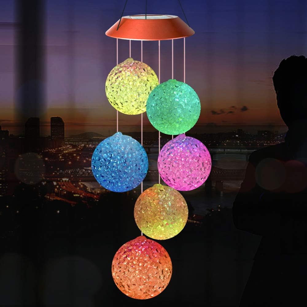 Wind Chimes Outdoor,Solar Color Changing LED Light Lamp Six Balls Mobile Romantic Wind-Bell for Home, Party, Festival Decor, Night Patio Yard Garden Decoration(Crystal Ball)
