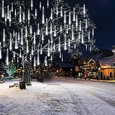 Weepong Christmas Lights Outdoor UL Certified Meteor Shower Lights 12Inch 8Tubes 192LED Falling Rain Drop Lights Icicle Snow Cascading Xmas Lights for Tree Wedding Party Garden Decoration,White