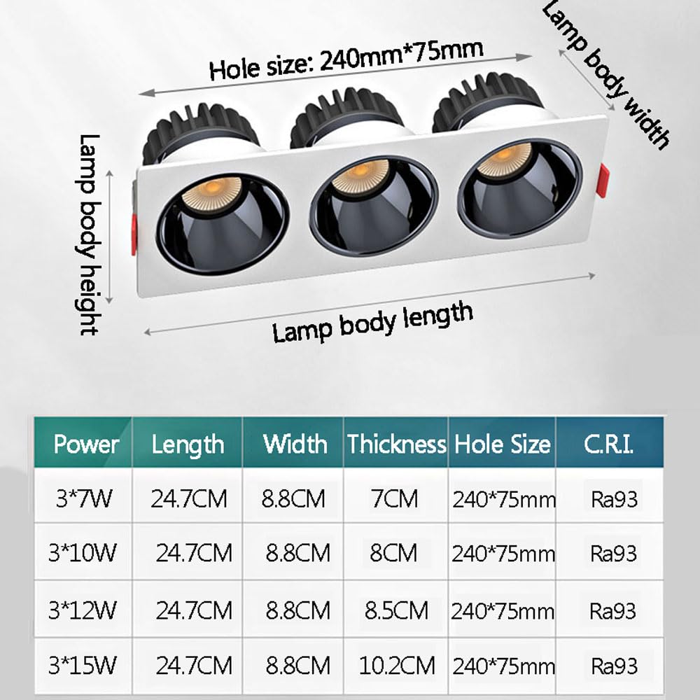 6 Sztuk Oświetlenia Wpuszczanego Led Z Listwą Maskującą, 3 Kwadratowe Oprawy, 3 * 7 W, 3 * 10 W, 3 * 12 W, 3 * 15 W, Prostokątne Oprawy Oświetleniowe, 3 * 12 W-6000 K