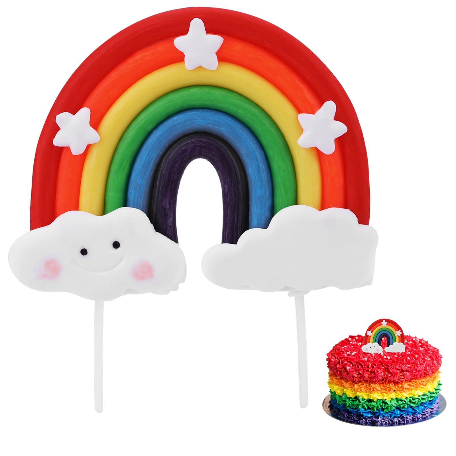 Soft Pottery Cute Rainbow Star Cloud Cake Decorations - Colorful Rainbow Cupcake Topper - Personalized Reusable Happy Birthday Cake Topper - Birthday Party Decorations Supplies