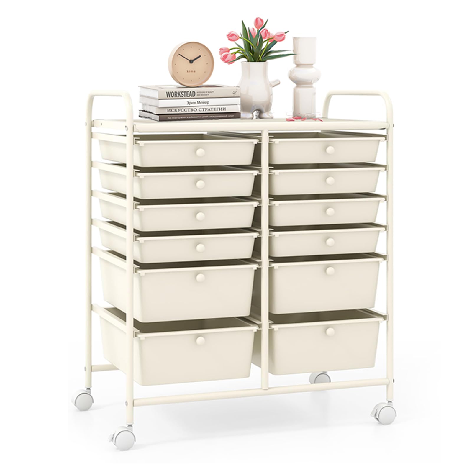 LDAILY 12 Drawer Rolling Storage Cart, Craft Cart Organizer on Wheels w/Metal Frame, Large Capacity &amp; Smooth Drawer, Rolling Cart w/Drawers for Classroom, Office