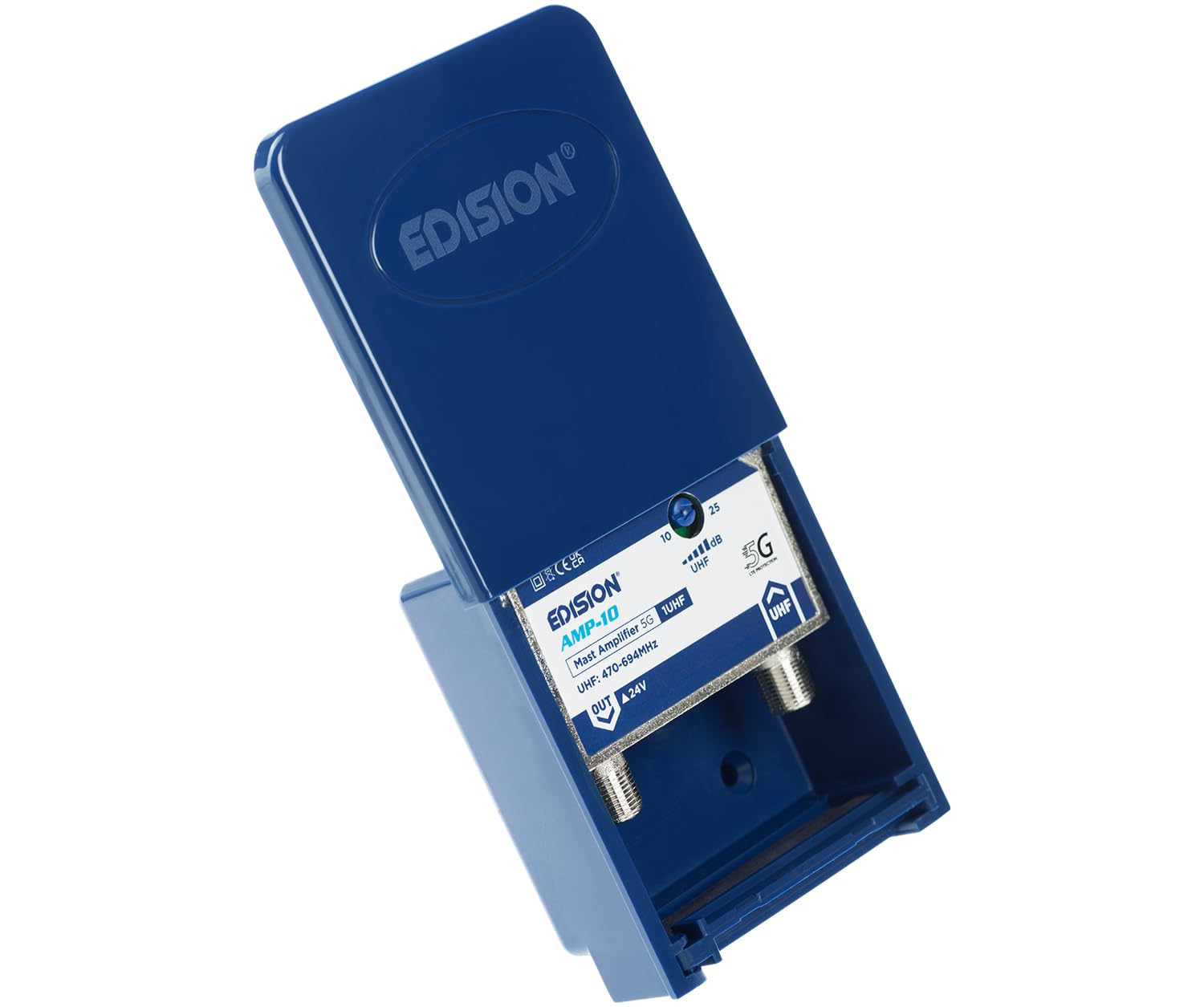 EDISION AMP-10 1UHF wzmacniacz anteny telewizyjnej 10-25 db regulowany, 107 dBmV, 24 V, do cyfrowej naziemnej DVB-T/T2, częstotliwości UHF 470-694 MHz, z filtrem 5G LTE