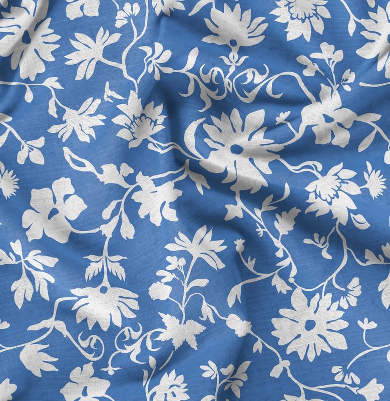 Soimoi Heavyweight Cotton Poplin Fabric Material, Blue - Floral Printed - 42" Inch Width, Natural Cotton Material for Quilt Making, Dresses, Skirts, Pajamas, Pillowcases, Tablecloths, Kurtis, 1 Meter