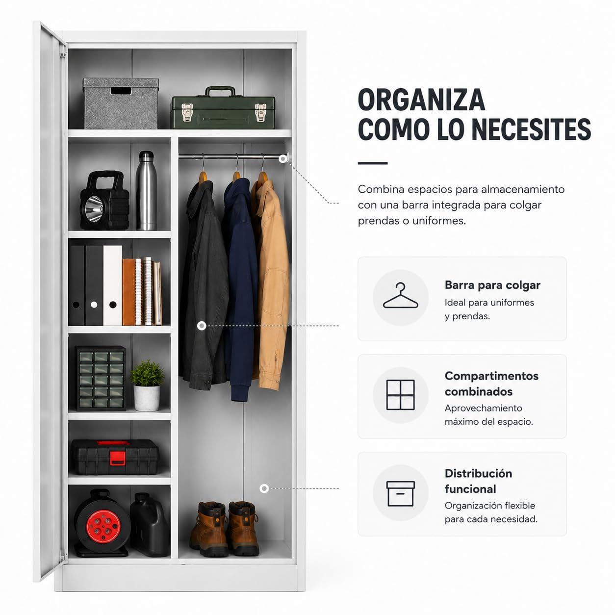 Armario Metálico Gris con Cerradura – Armario de Almacenamiento Multiusos con Puertas Dobles, Gran Capacidad y Diseño Resistente para Oficina, Hogar y Archivo (Gris, con Barra)