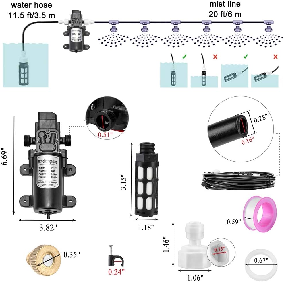 ACBungji Misting Cooling System with Pump Filter Kit,20FT/6M Mist Line 6 Brass Mist Nozzle 116 PSI 5L/Min DIY for Outdooor Patio Porch Greenhouse Backyard