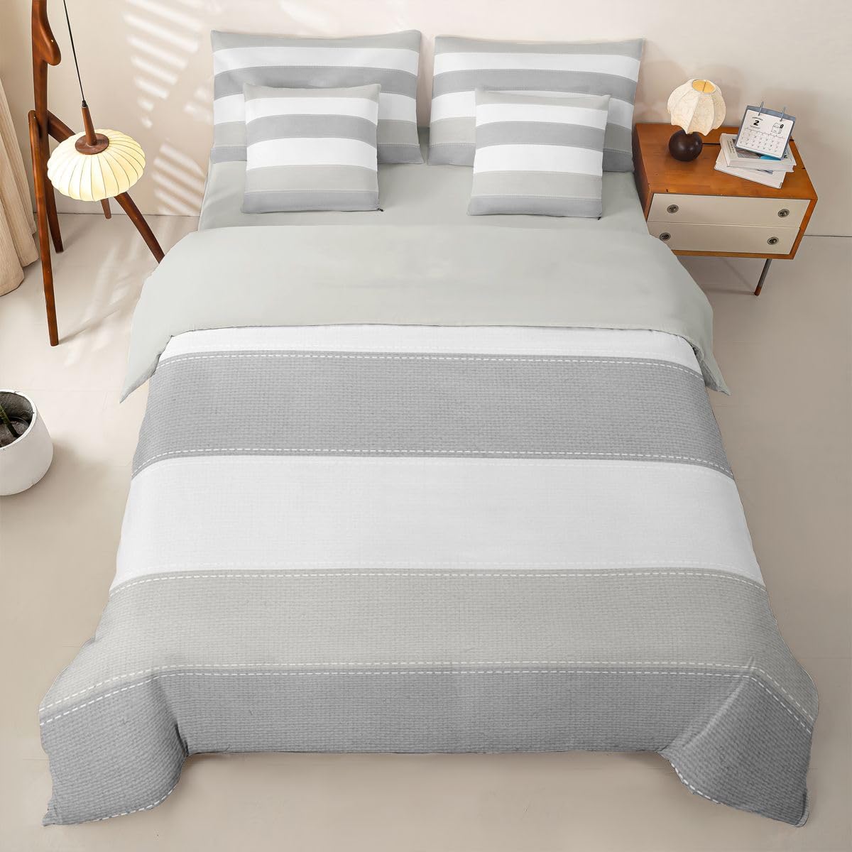 Loussiesd Set di biancheria da letto per bambini e bambine, con copripiumino, lenzuola, federe, federe per cuscini, 7 pezzi, bianco e grigio