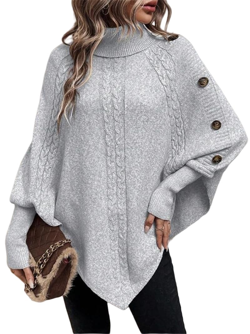 Poncho De Mujer Suéter Tipo Poncho De Punto Para Mujer Con Patrón De Cable Cuello Vuelto Plegado Botones Jersey Holgado Con Mangas De Murciélago Chal Suéteres Prendas De Punto Cálida