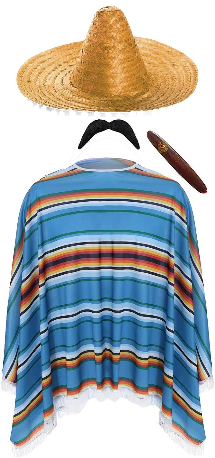 Mexican Man Costume - Blue, Green & Orange Poncho, Orange Sombrero, Mexican Tash, Fake Cigar - Adults Western Bandit Wild West Cinco de Mayo Fancy Dress Costume