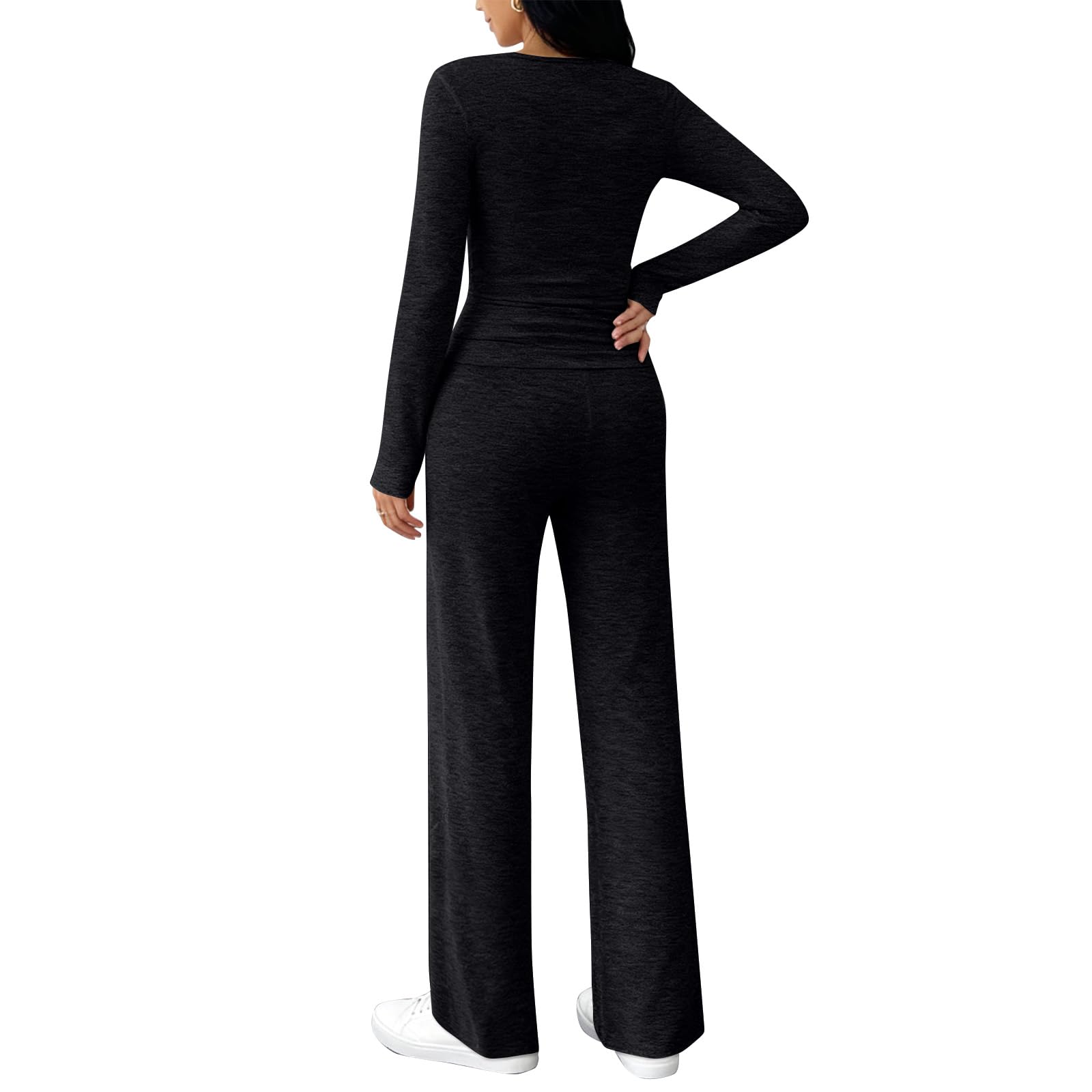 Top E Pantaloni Donna Impero Waist Autunno Manica Lunga di Base Sportivo Tinta Unita A Costole Senza Colletto