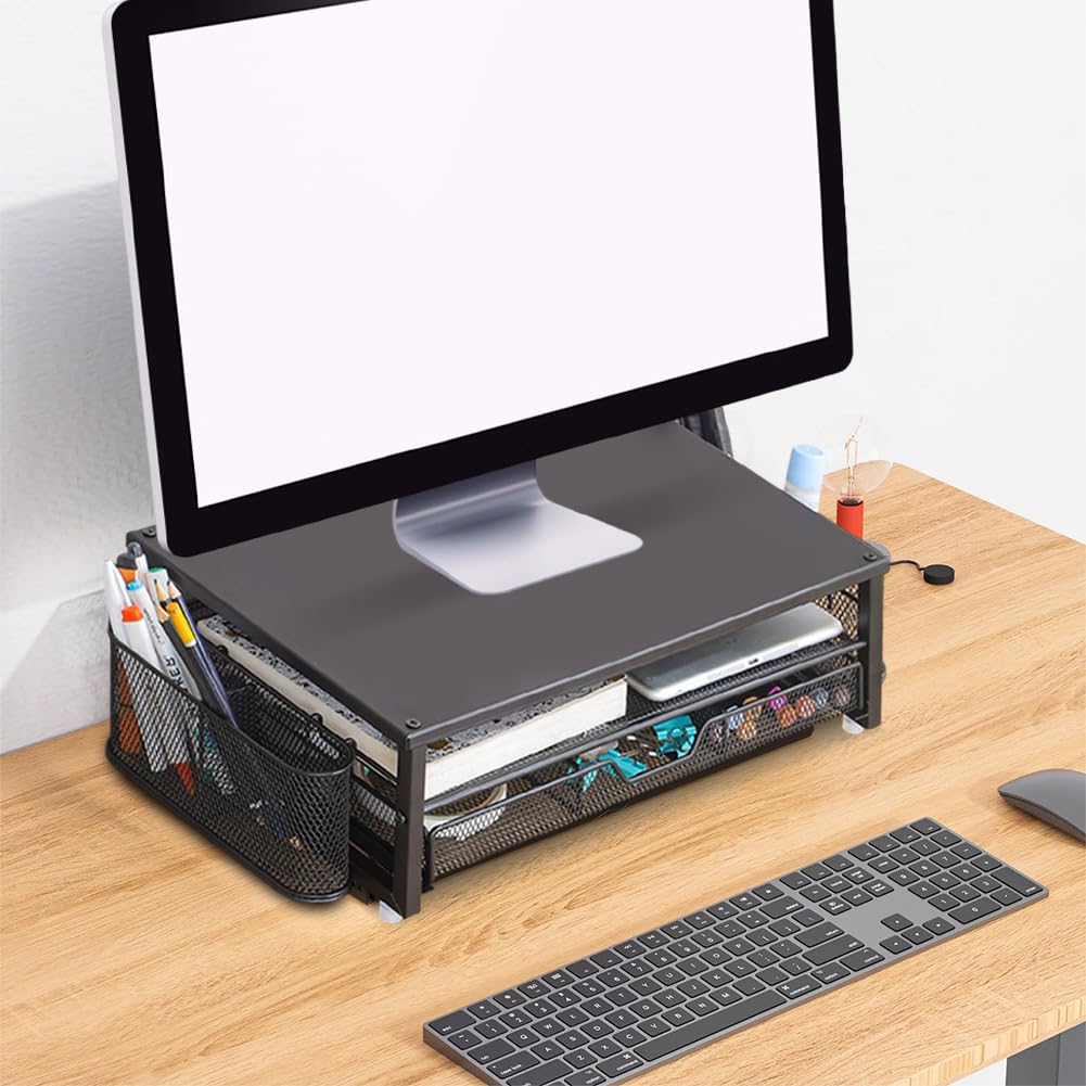 Supporto per monitor per computer a 2 livelli con cassetto e 2 portapenne, organizer da ufficio, supporto per monitor, accessori da scrivania per ufficio