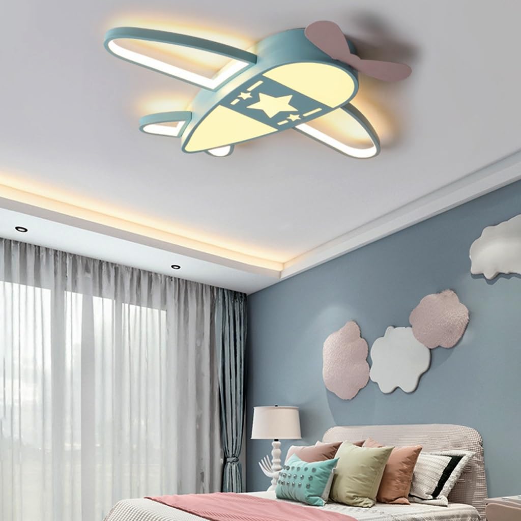 Lampadario Led Soffitto Camerette Bambini Plafoniera LED Aeroplano Dimmerabile Con Telecomando 40W 3000K-6500K Plafoniera Soffitto In Acrilico Lampada Vivaio, 59cm Azzurro Cielo