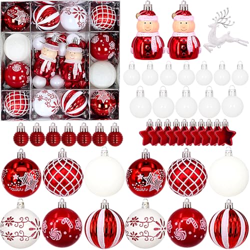 Weihnachtskugeln Rot Weiß, 44er Set Christbaumkugeln Kunststoff...