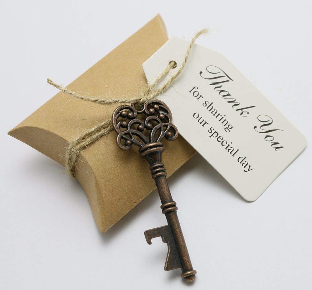50pcs Wedding Favors Candy Box w/ Antique Skeleton Key Bottle Openers Escort Card Thank You Tag Pillow Box (Key Style #1)