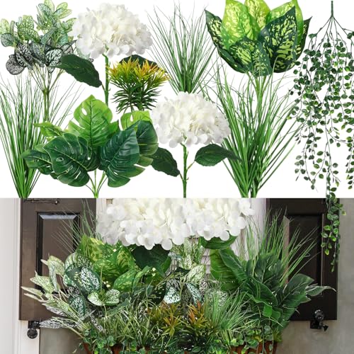 Giegxin 18 Pcs Artificial Plants Outdoor UV Resistant Artificial Fake Bushes for Window Box Greenery Shrub Succulent Hydrangea Flower for Indoor Outdoor Garden Front Patio Yard Porch Decor(White)