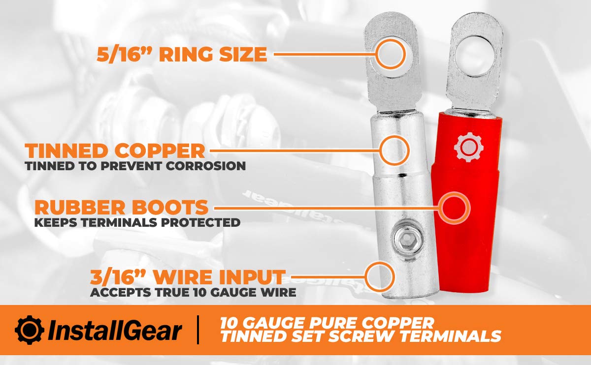 InstallGear 10 Gauge Tinned Pure Copper Set Screw Ring Terminals