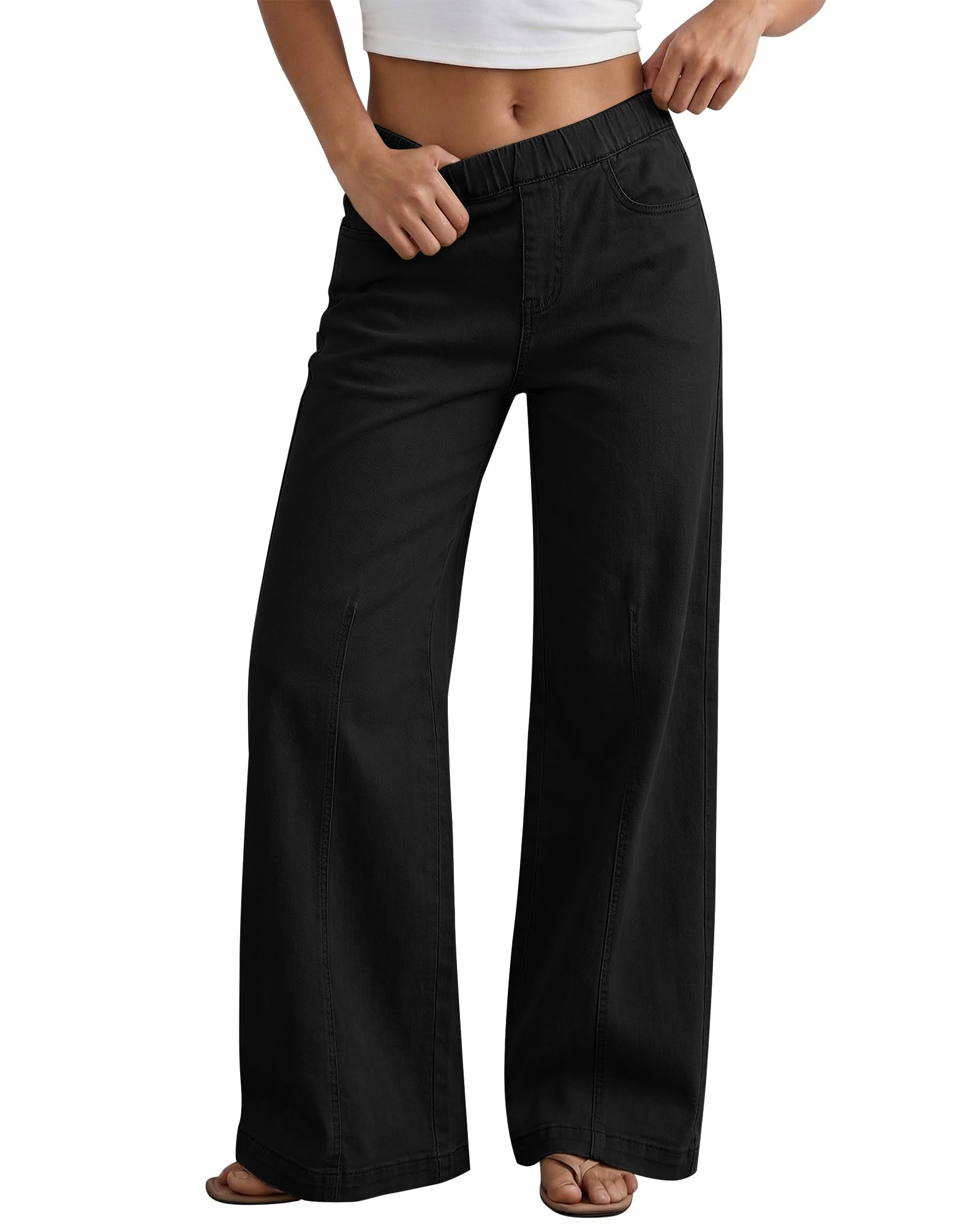 GRAPENT Womens Wide Leg Jeans High Rise Pull On Elastic Waist Denim Pants | High Waisted Fit, Seam Front Design, Stretchy Denim Fabric, 30'' Inseam, Full Length, Loose Fit Trouser Jeans, Dressy Casual