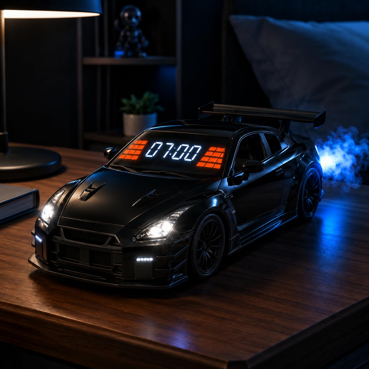Hypercar Alarm Clock on Wheels with Engine Sound, Super Car Smart Alarm Clocks with Exhaust Effect & LED Lights, Smart Digital Clock for Bedroom Office Home Desk Ornament, Gifts for Car Lover (Black)